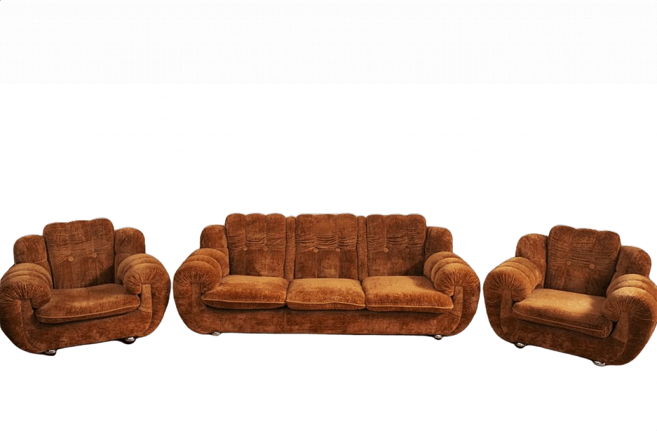 Coppia di poltrone in velluto e divano a conchiglia, anni '70 1376069