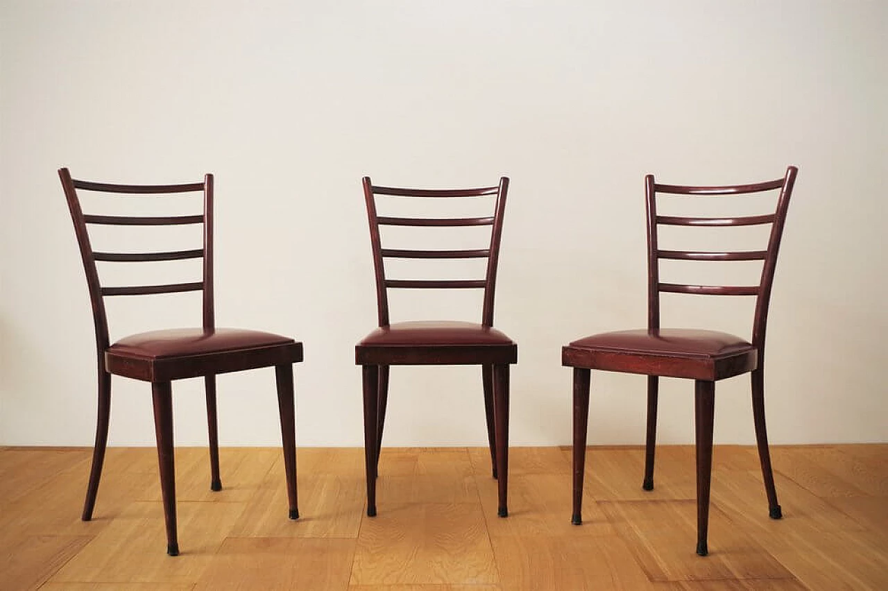 3 mahogany chairs with imitation leather seats, 1950s 1376359