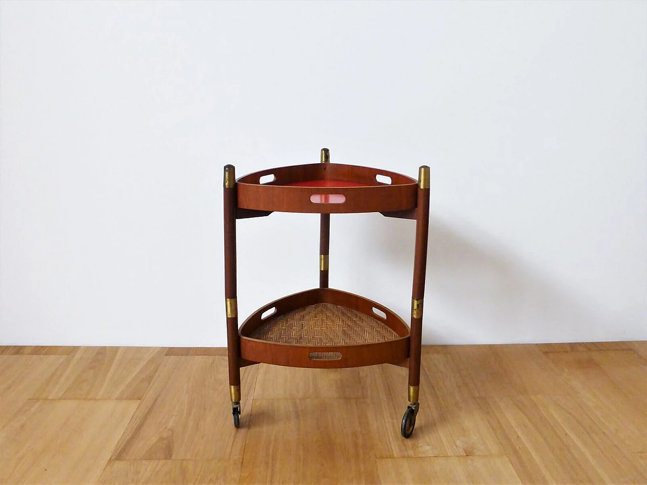 3-legged teak service trolley with 2 shelves, 1950s 1376427