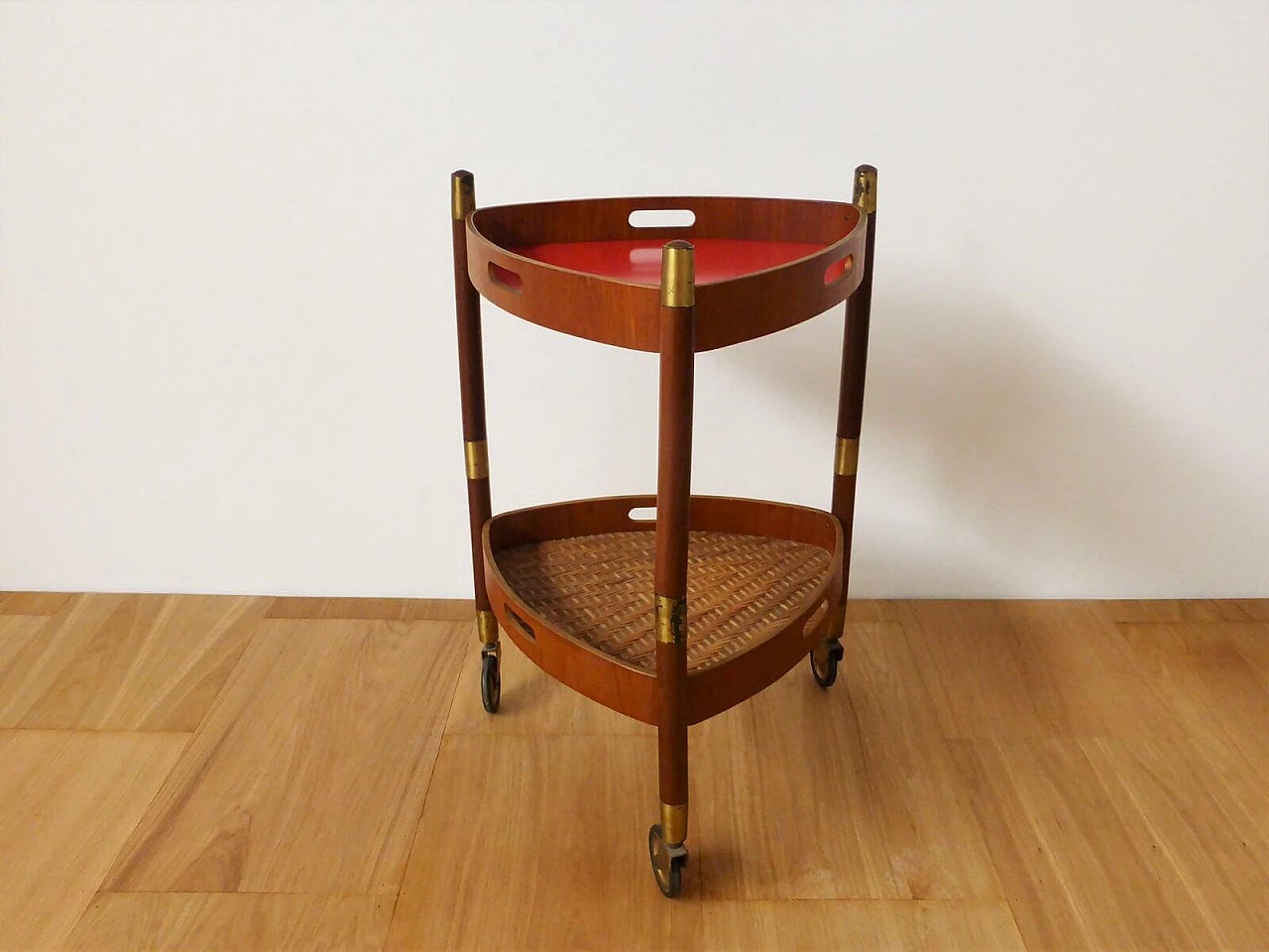 3-legged teak service trolley with 2 shelves, 1950s 1376428