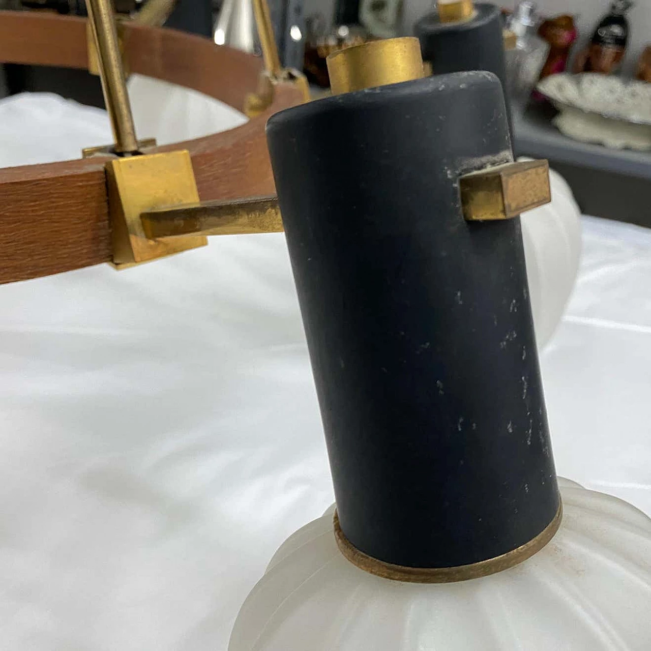 Lampadario in ottone, teak e vetro in stile Stilnovo, anni '60 1376635