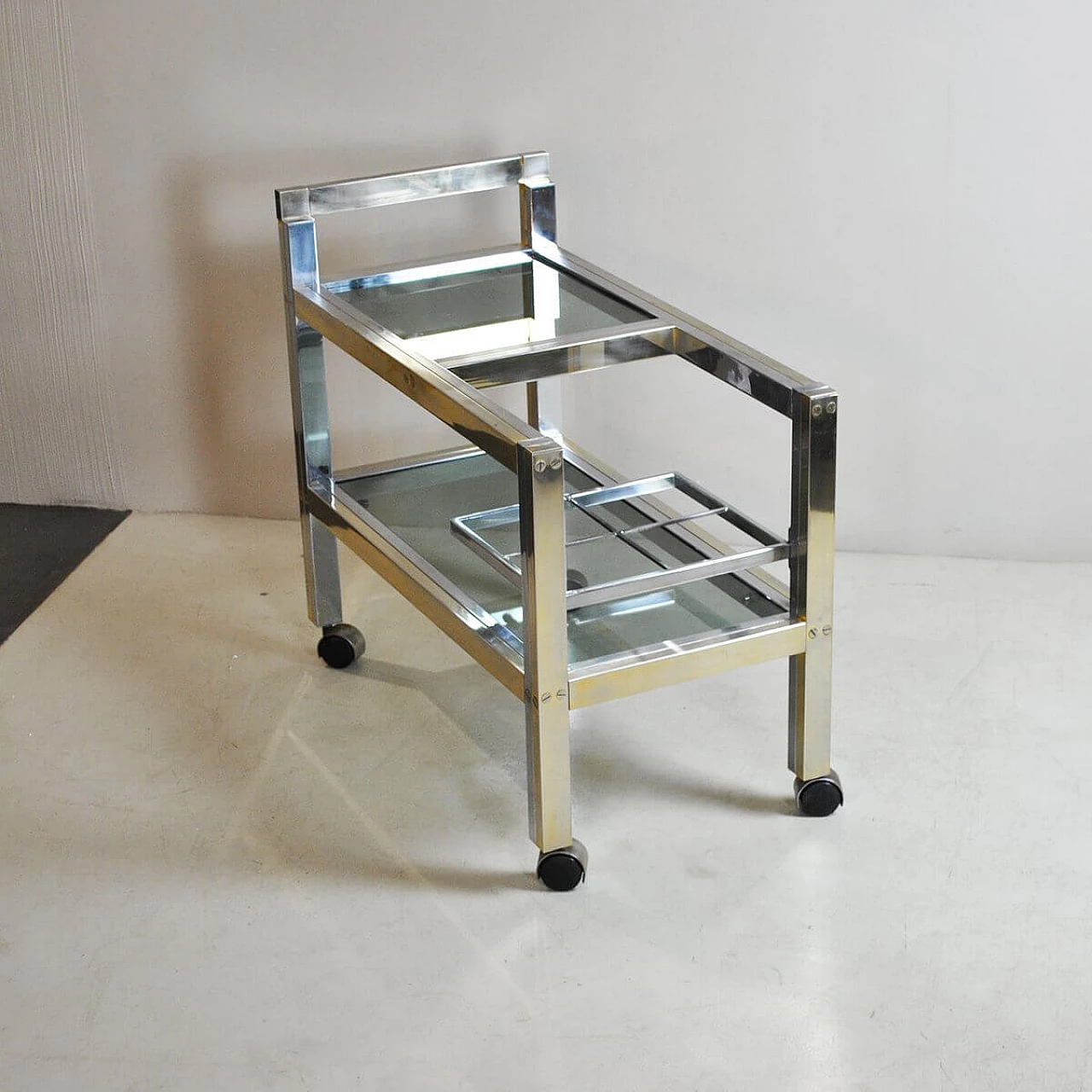 Carrello portabottiglie in ottone e acciaio, anni '70 1376732
