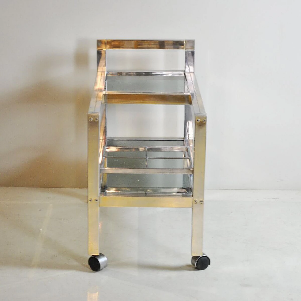 Carrello portabottiglie in ottone e acciaio, anni '70 1376735