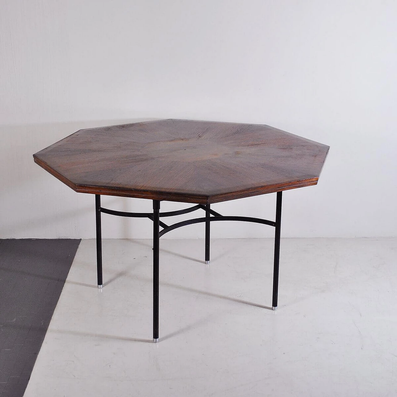Octagonal inlaid teak and tubular metal table, 1960s 1376854