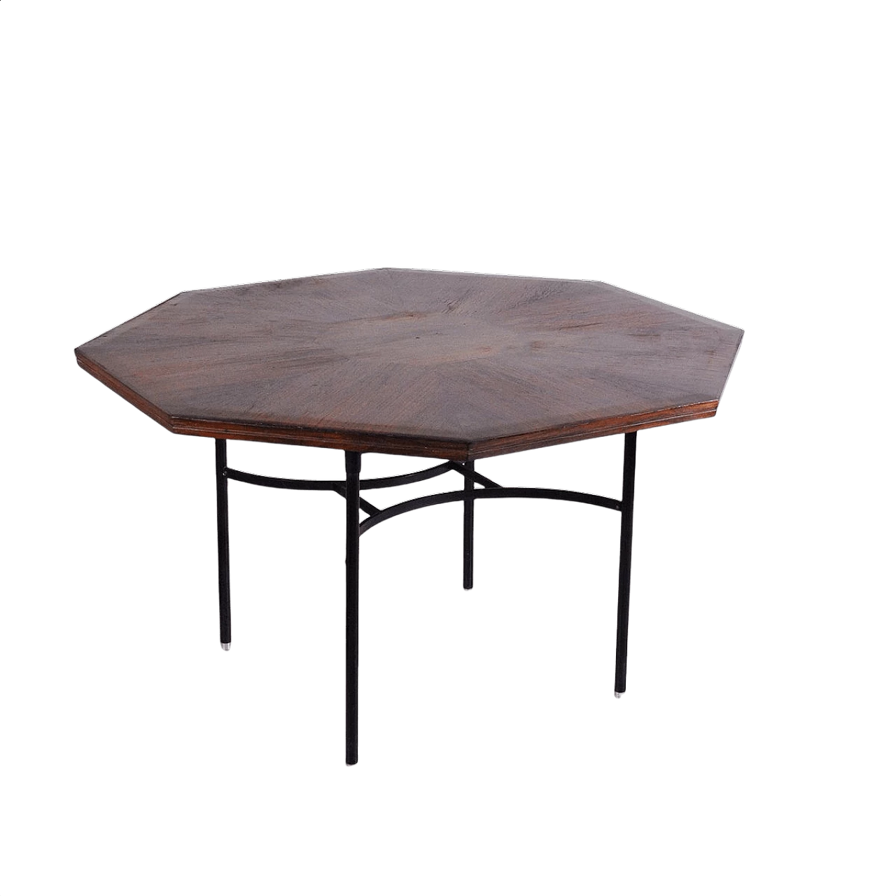 Tavolo ottagonale in teak intarsiato e metallo tubolare, anni '60 1376863