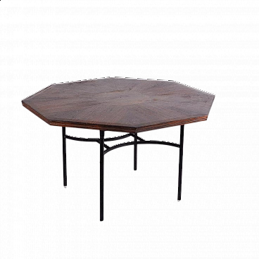 Octagonal inlaid teak and tubular metal table, 1960s
