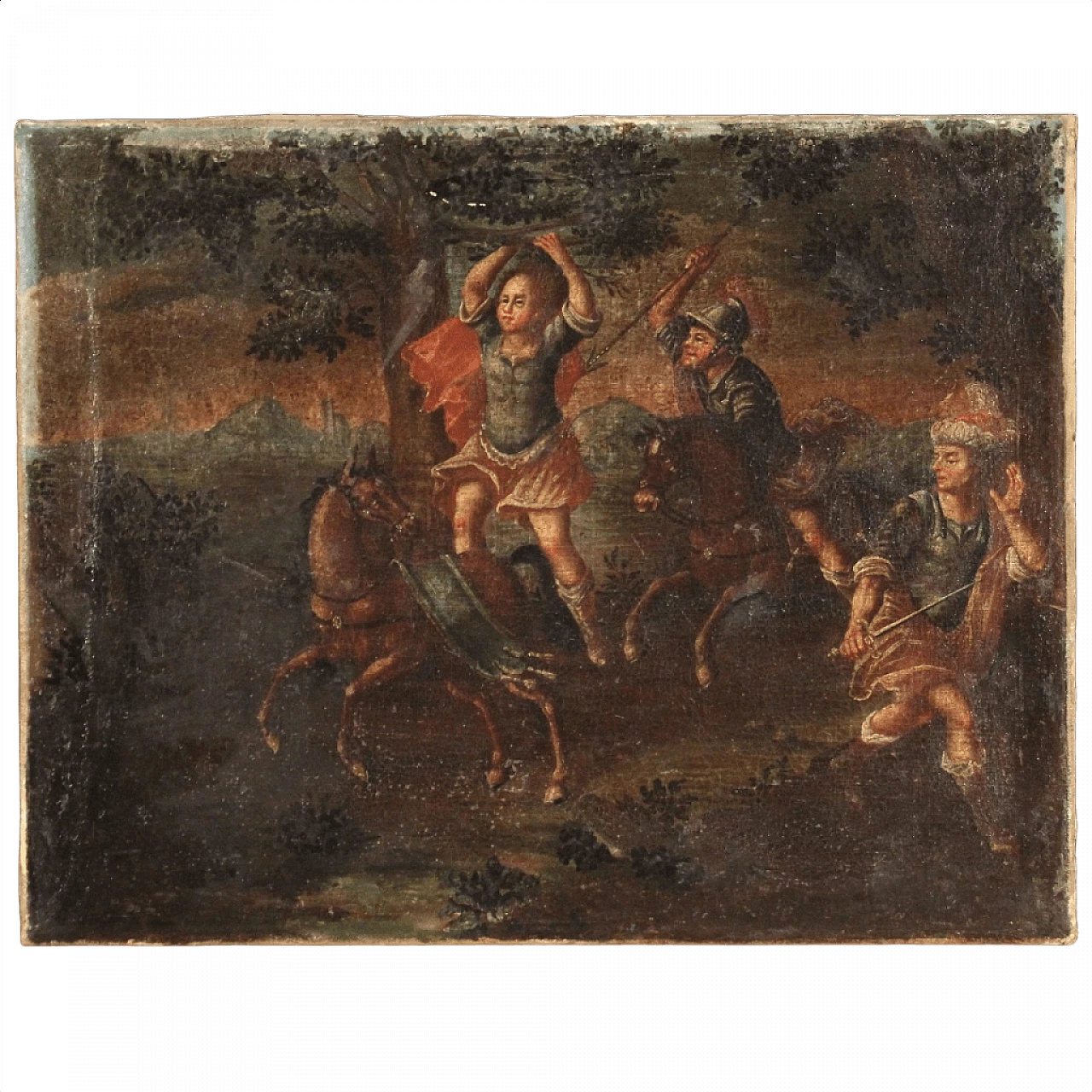 Antico dipinto con soldati a cavallo, '600 1376927