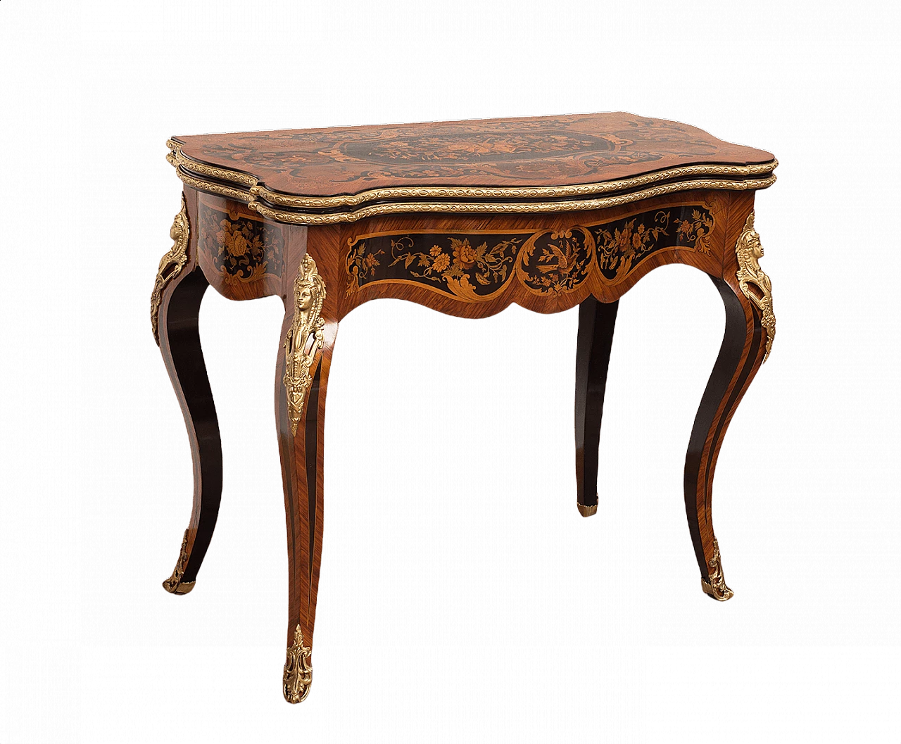 French Napoleon III game table in polychrome woods with gilded bronze applications, '800 1377045