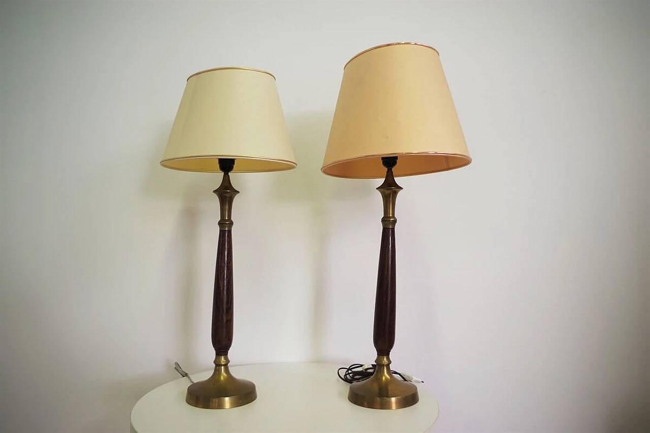 Pair of Hats lamps in mahogany, brass and cotton, 1950s 1377390
