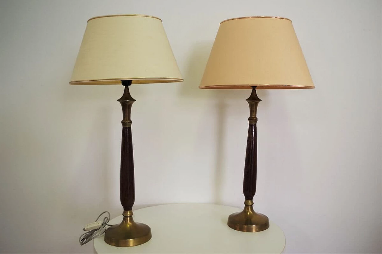 Pair of Hats lamps in mahogany, brass and cotton, 1950s 1377401