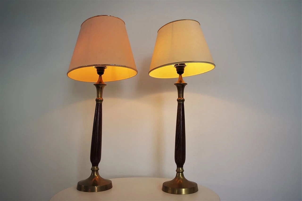 Pair of Hats lamps in mahogany, brass and cotton, 1950s 1377403