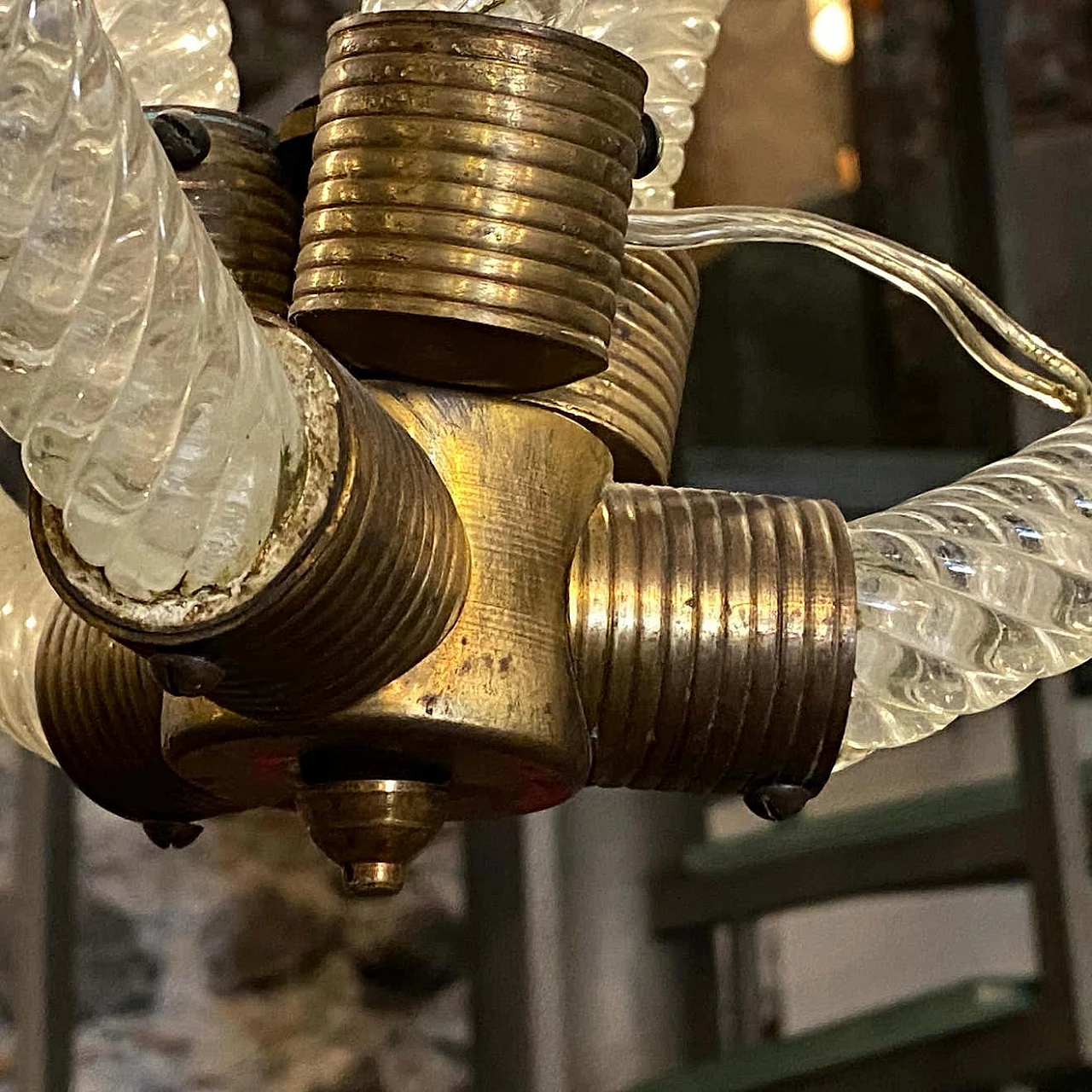 Lampadario in vetro di Murano e ottone di Barovier, anni '50 1377531