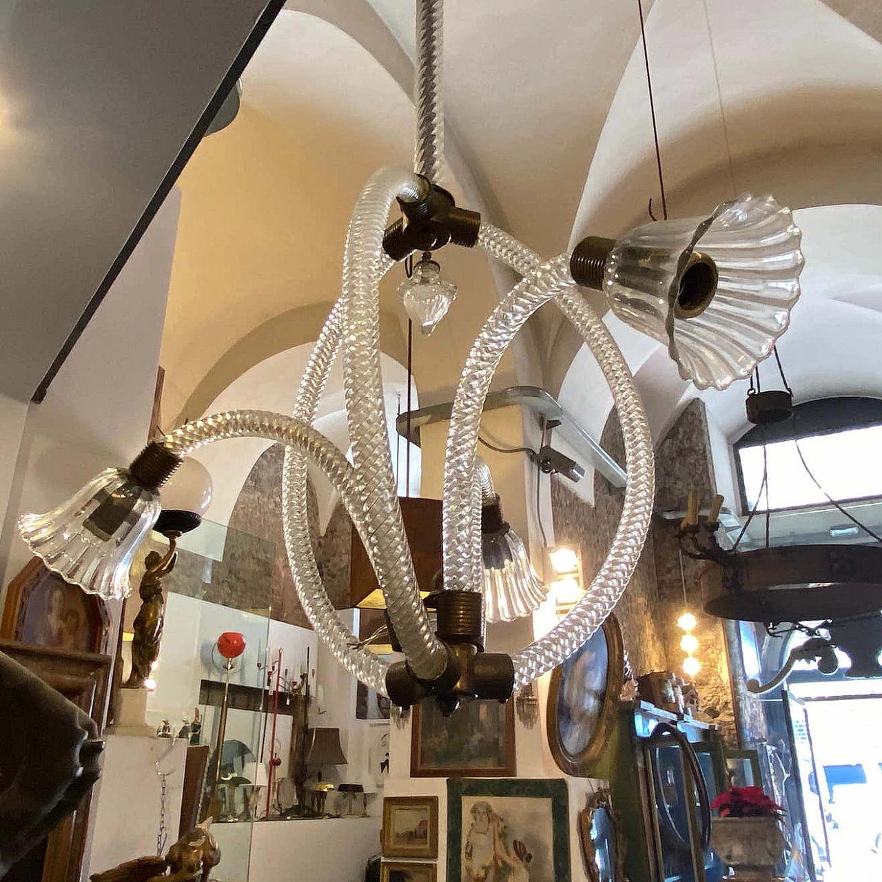 Lampadario in vetro di Murano e ottone di Barovier, anni '50 1377533