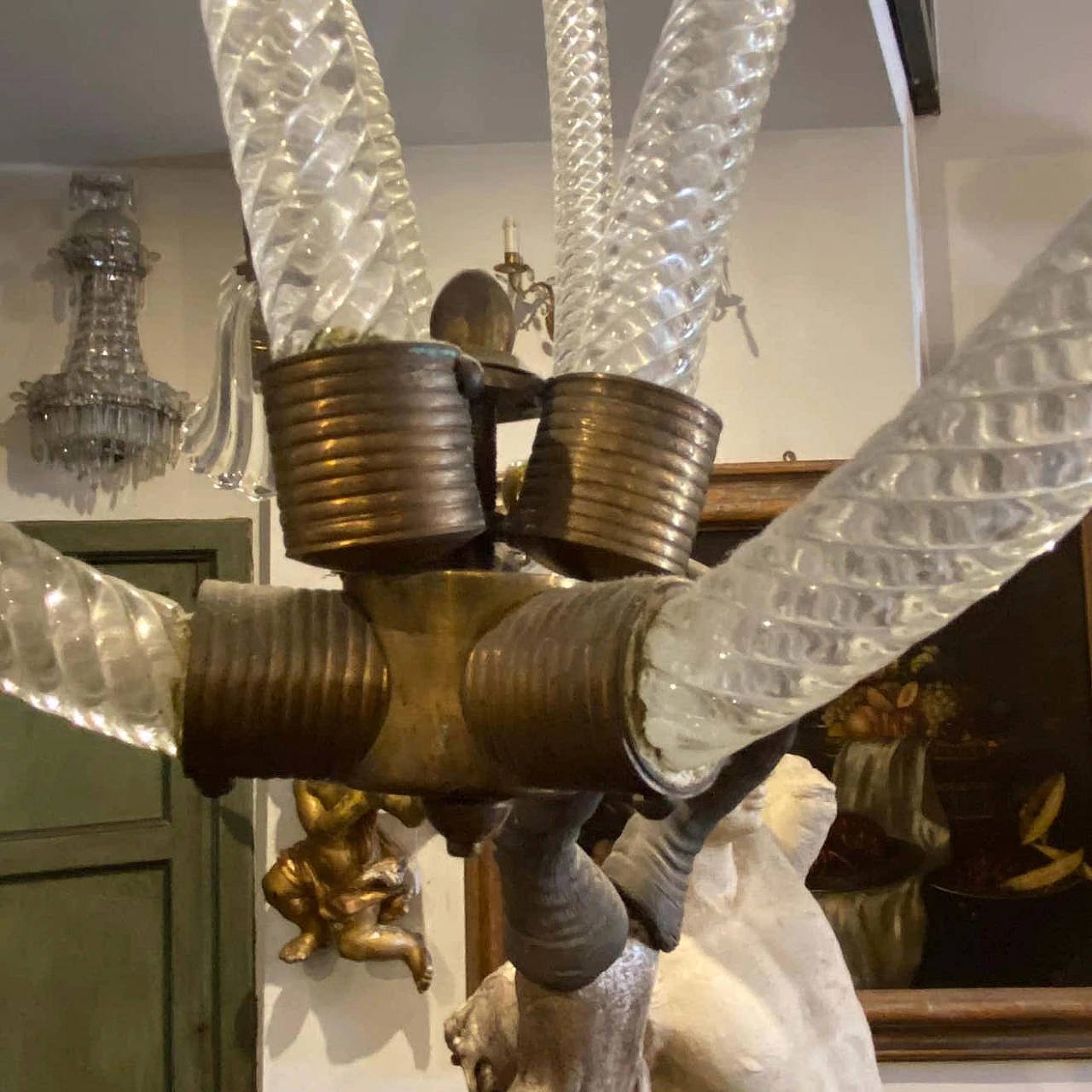 Lampadario in vetro di Murano e ottone di Barovier, anni '50 1377536