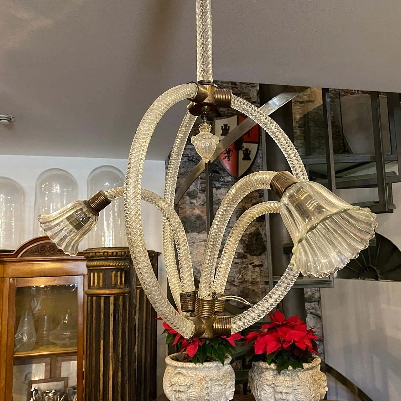 Lampadario in vetro di Murano e ottone di Barovier, anni '50 1377539