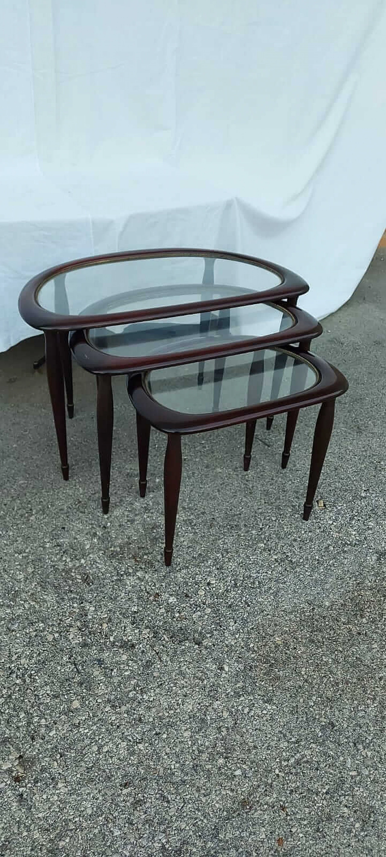 Small nesting tables in wood with glass top, 1950s 1377695
