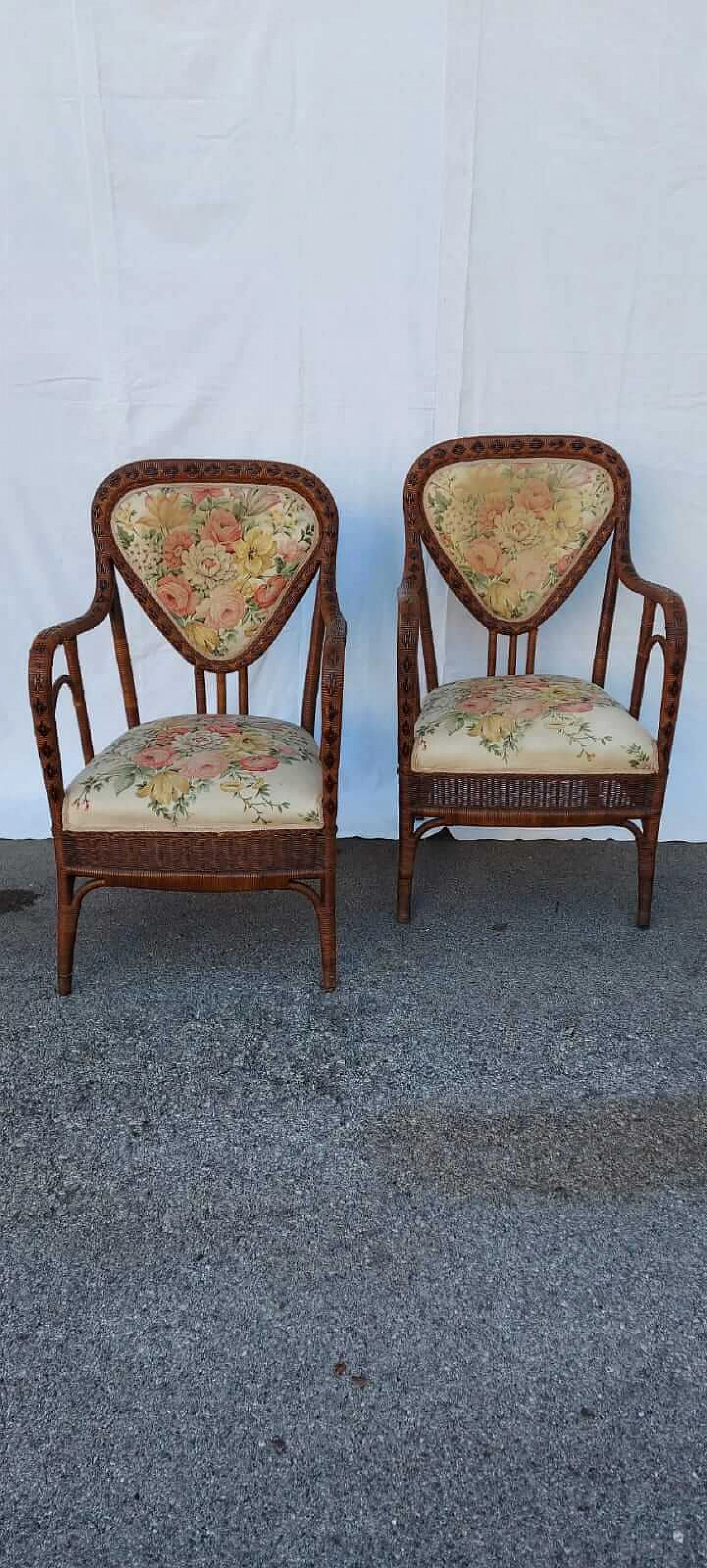 Pair of wicker and fabric armchairs by Magazzini Marchesini, 1950s 1377737