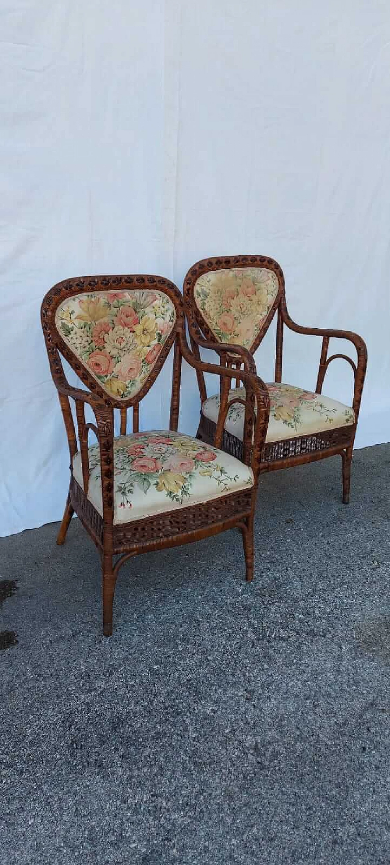 Pair of wicker and fabric armchairs by Magazzini Marchesini, 1950s 1377738