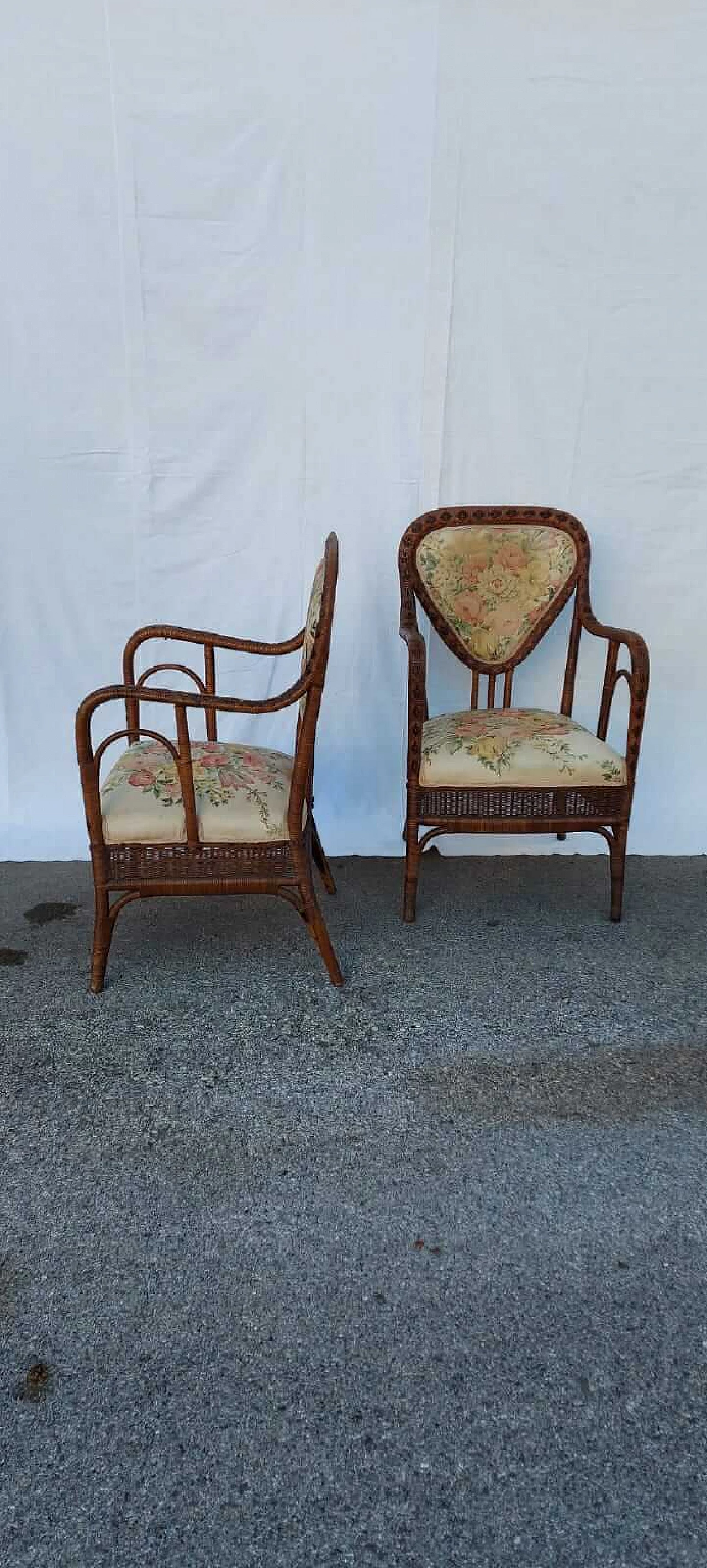 Pair of wicker and fabric armchairs by Magazzini Marchesini, 1950s 1377740