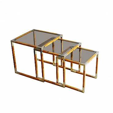 3 Tavolini ad incastro in legno impiallacciato e vetro fumé, anni '60