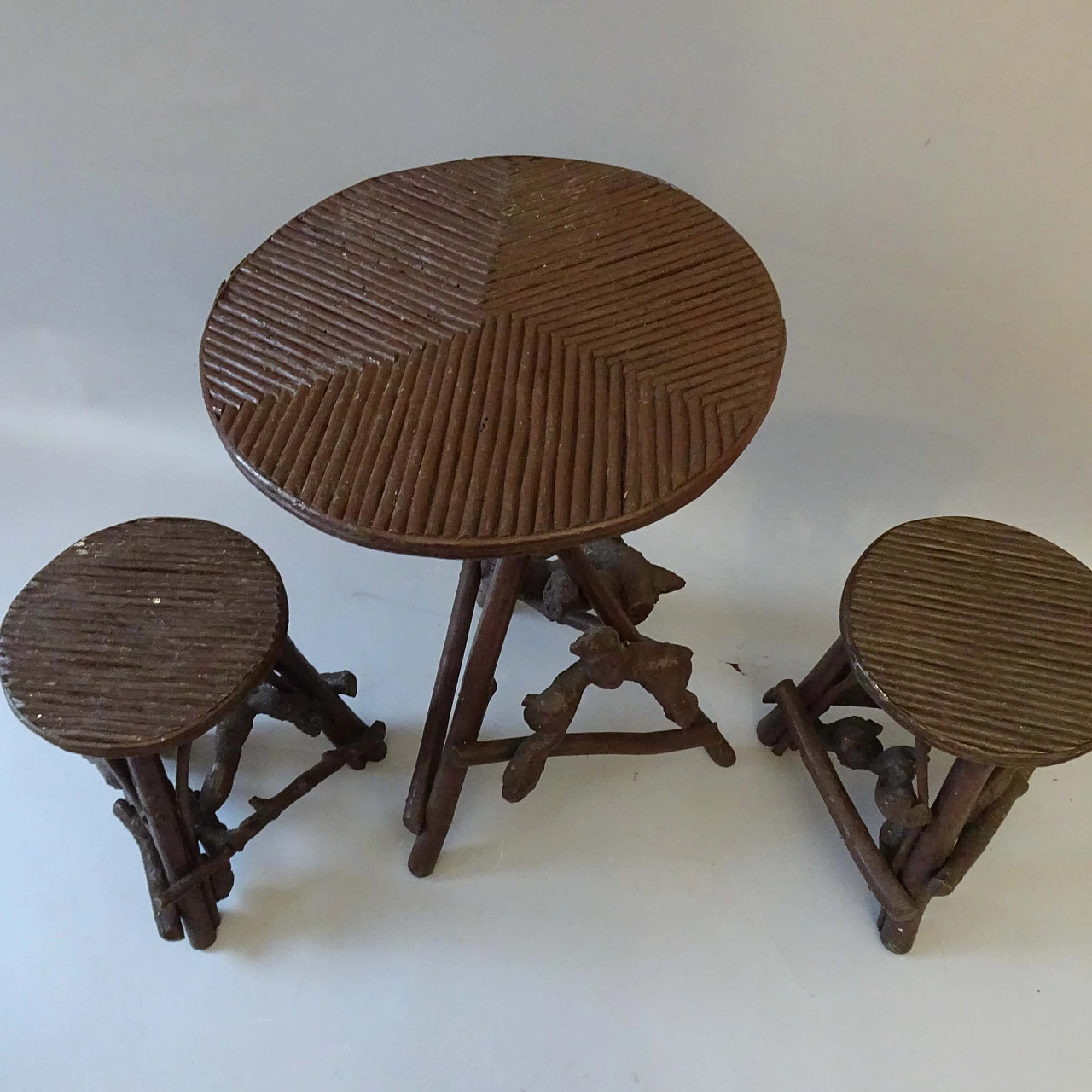 Coffee table and pair of stools in wood and bamboo, 1930s 1378214