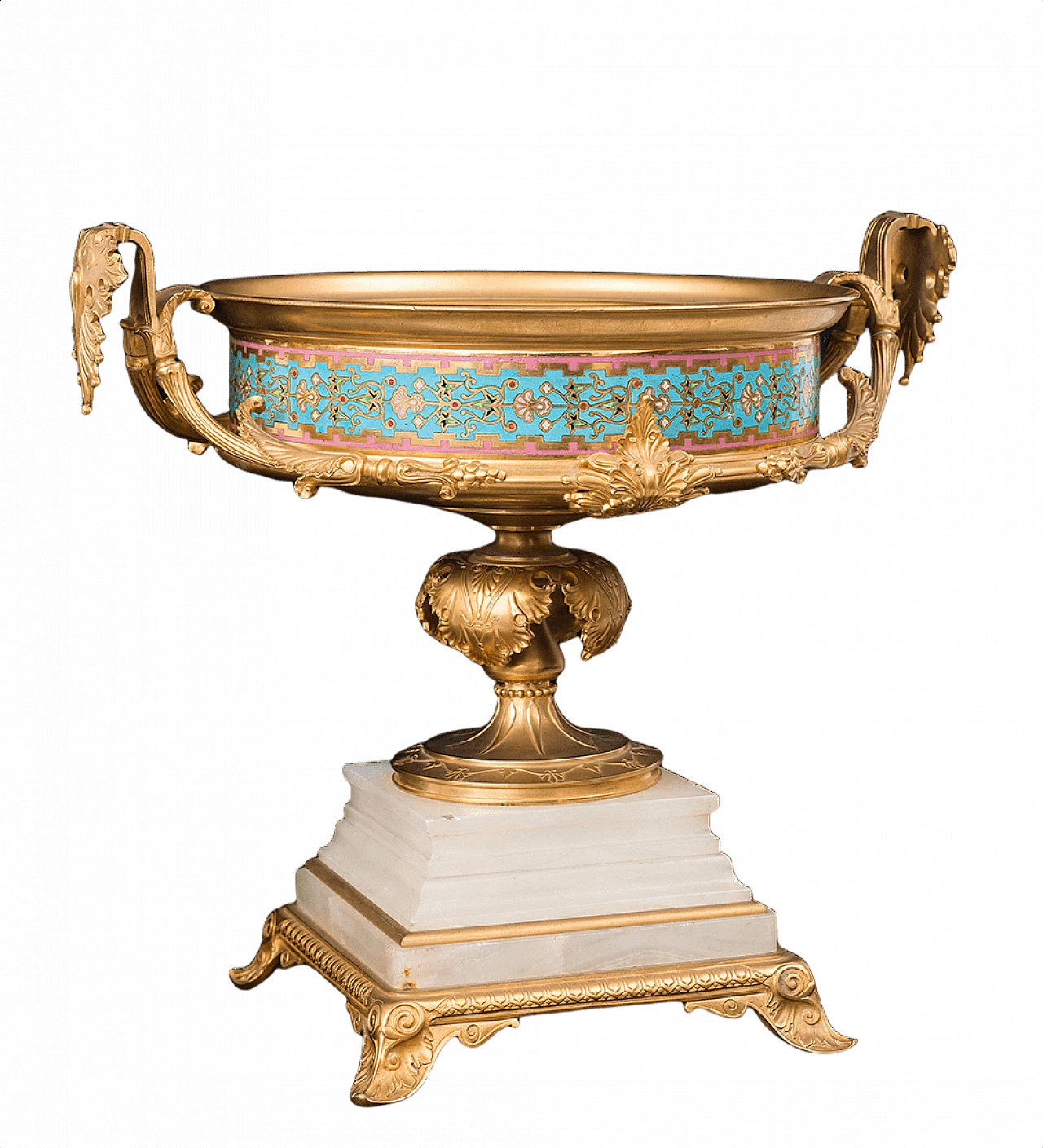 French centerpiece bowl in gilt bronze onyx and cloisonnè stamped Barbedienne, '800 1378318