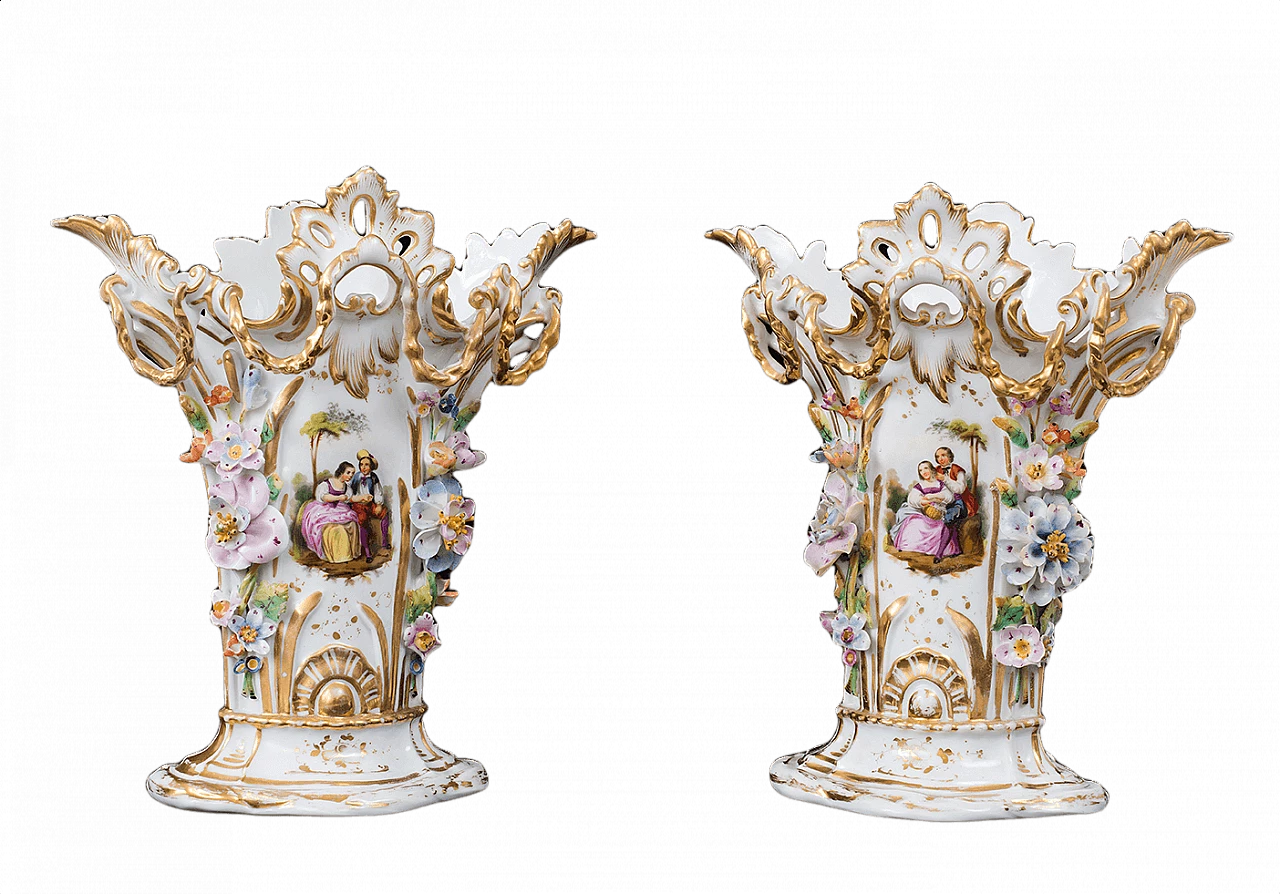 Coppia di vasi francesi dipinti a mano in porcellana policroma, '800 1378383