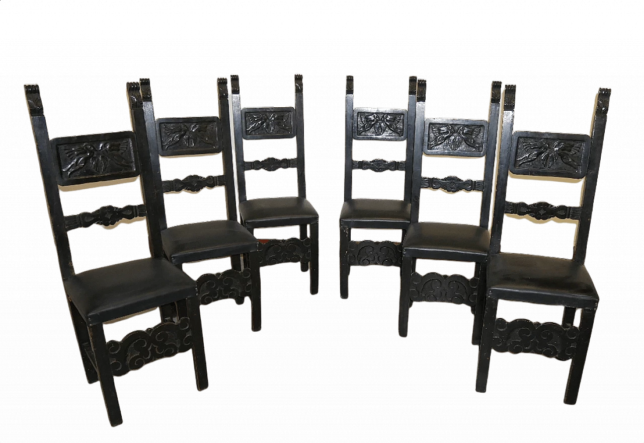6 Renaissance-style chairs in black-stained wood, 1930s 1378386