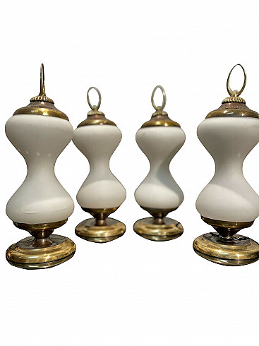 4 table lamps made of brass and white enamelled milky glass, 20th century