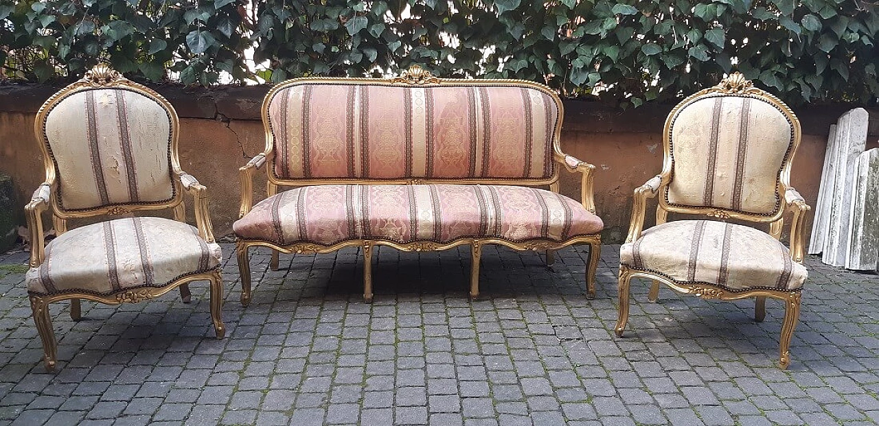 Sofa and two armchairs in gilded wood, 19th century 1378543