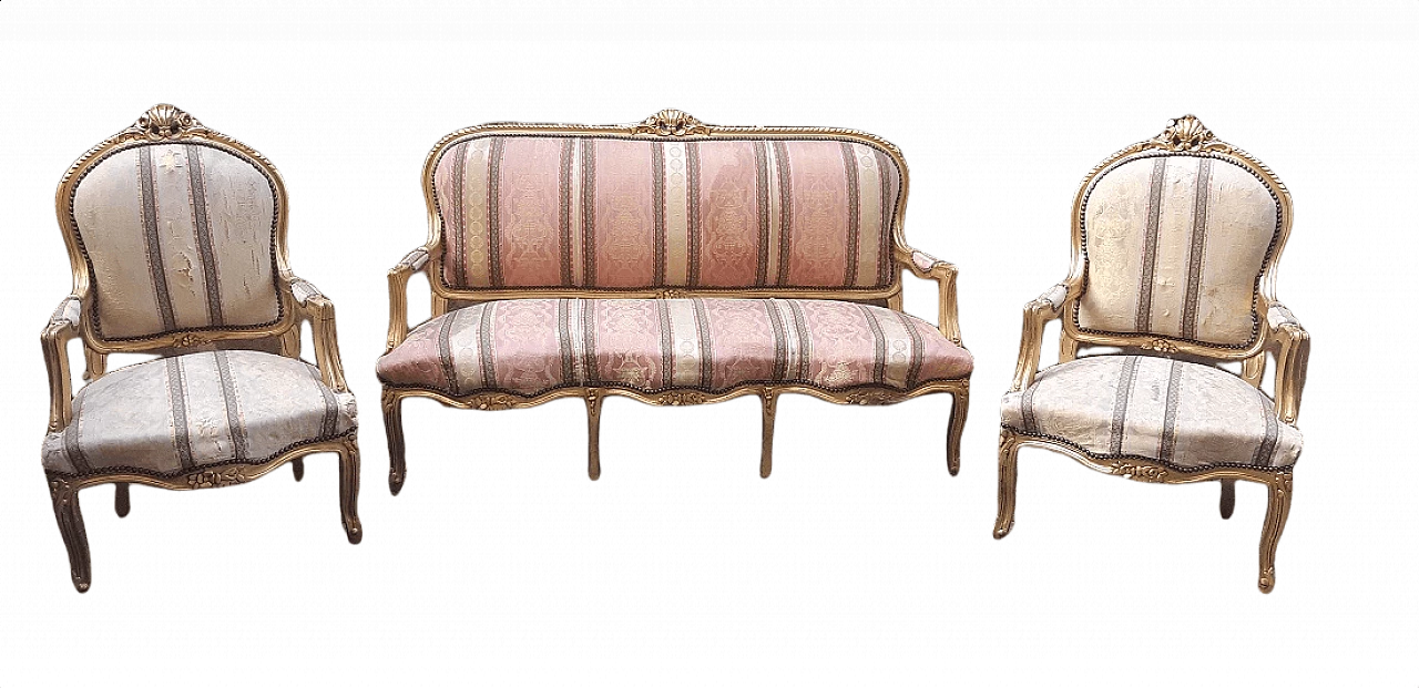 Sofa and two armchairs in gilded wood, 19th century 1378545