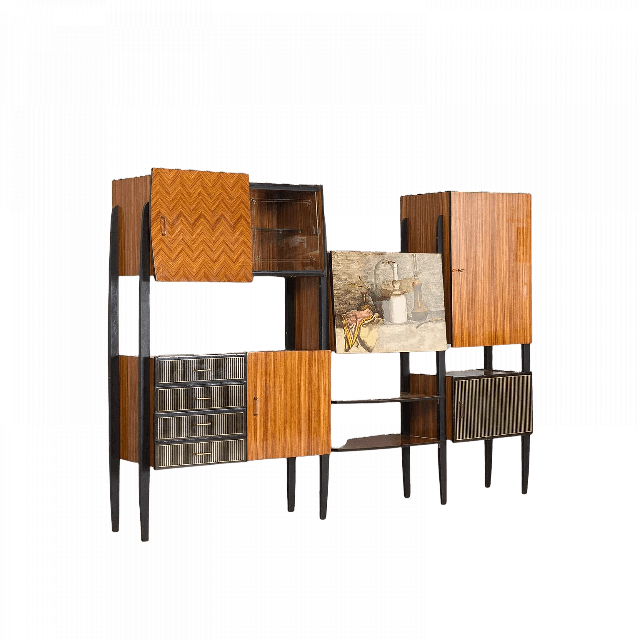 Credenza con mobile bar dipinto a mano alla maniera di Fornasetti, anni '50 1378988