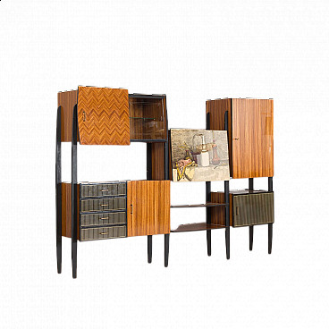 Hand-painted Fornasetti style sideboard with bar cabinet, 1950s