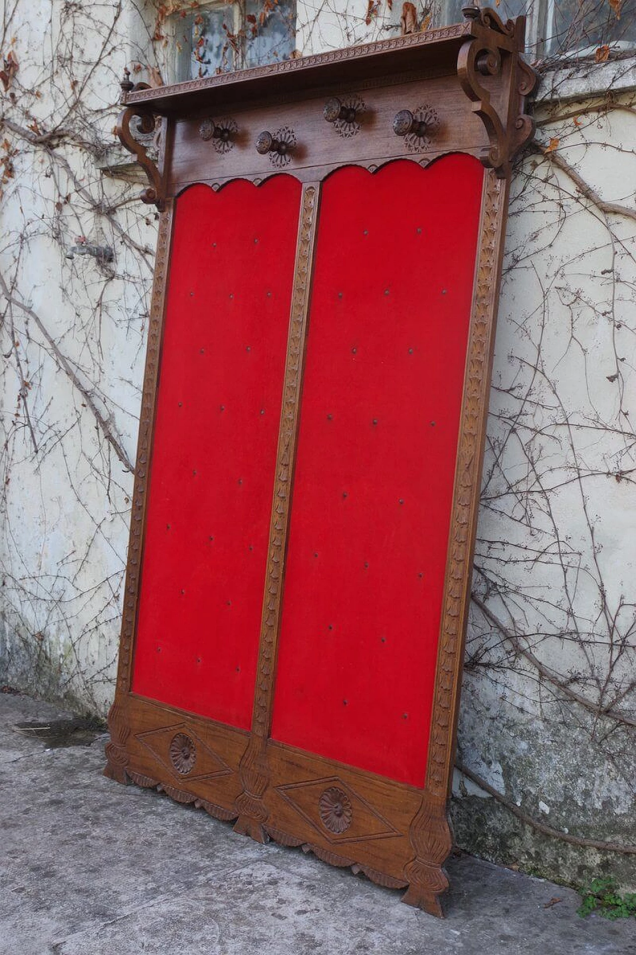 Wall-mounted coat rack in wood and red velvet, 1950s 1379916