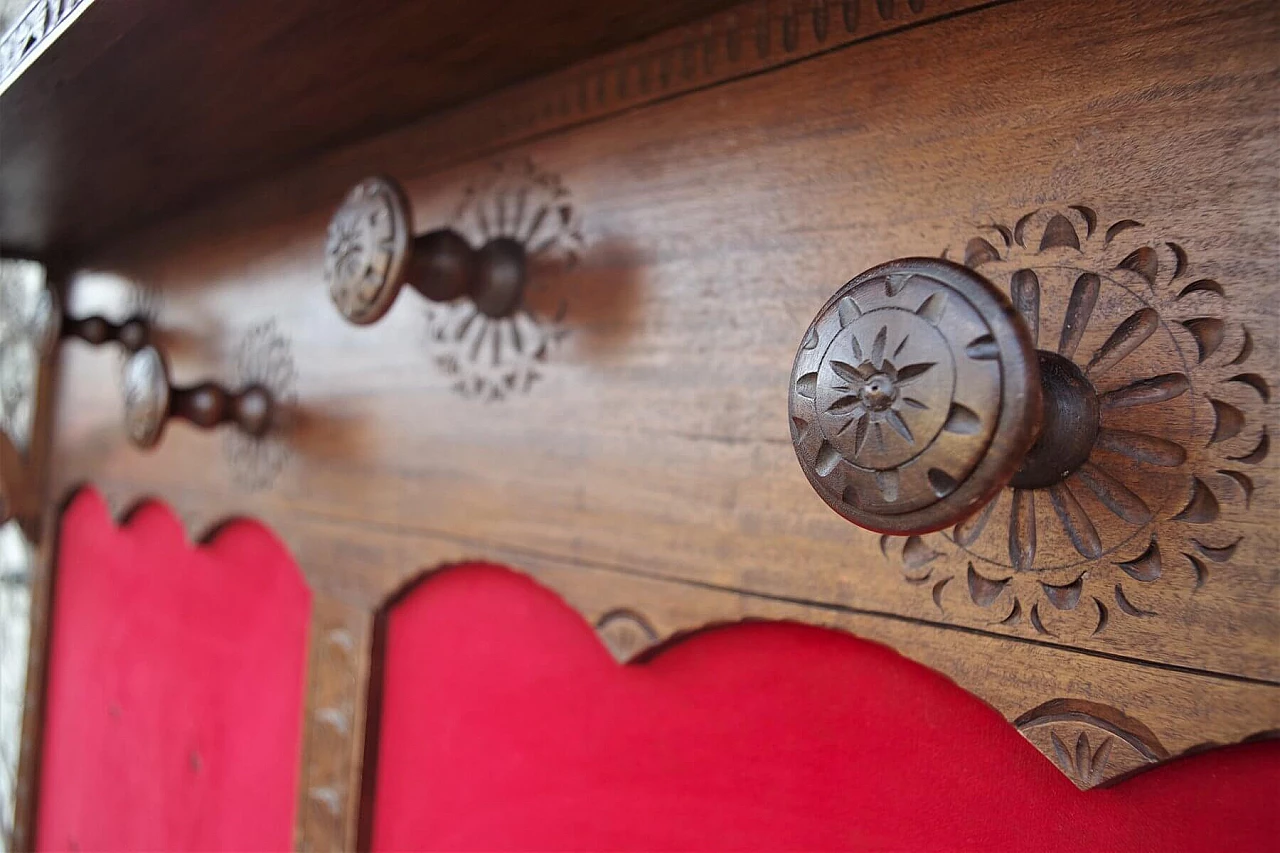 Wall-mounted coat rack in wood and red velvet, 1950s 1379918