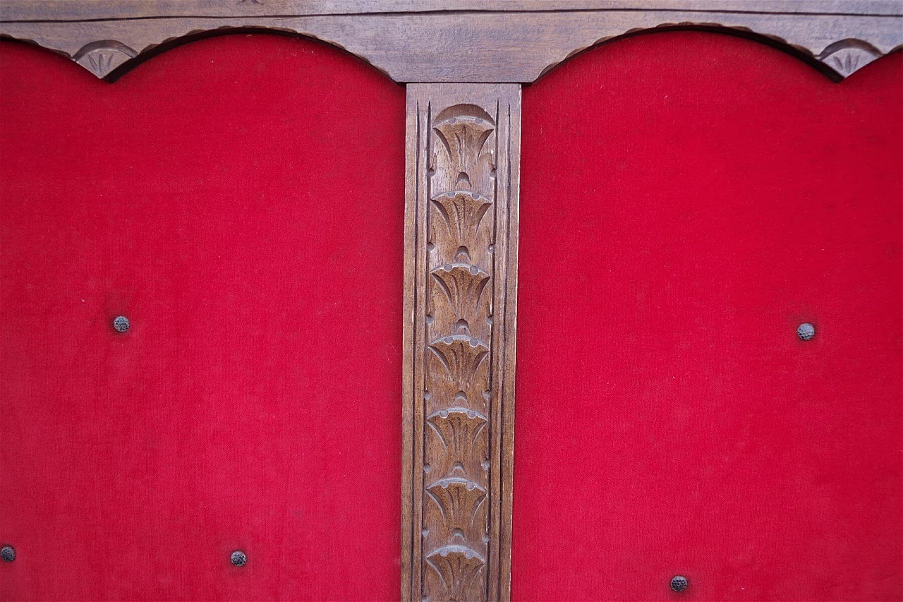 Wall-mounted coat rack in wood and red velvet, 1950s 1379924