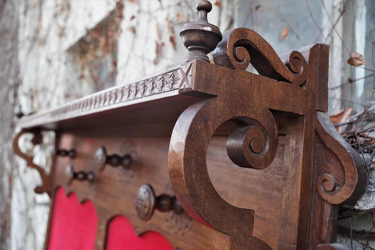 Wall-mounted coat rack in wood and red velvet, 1950s 1379925