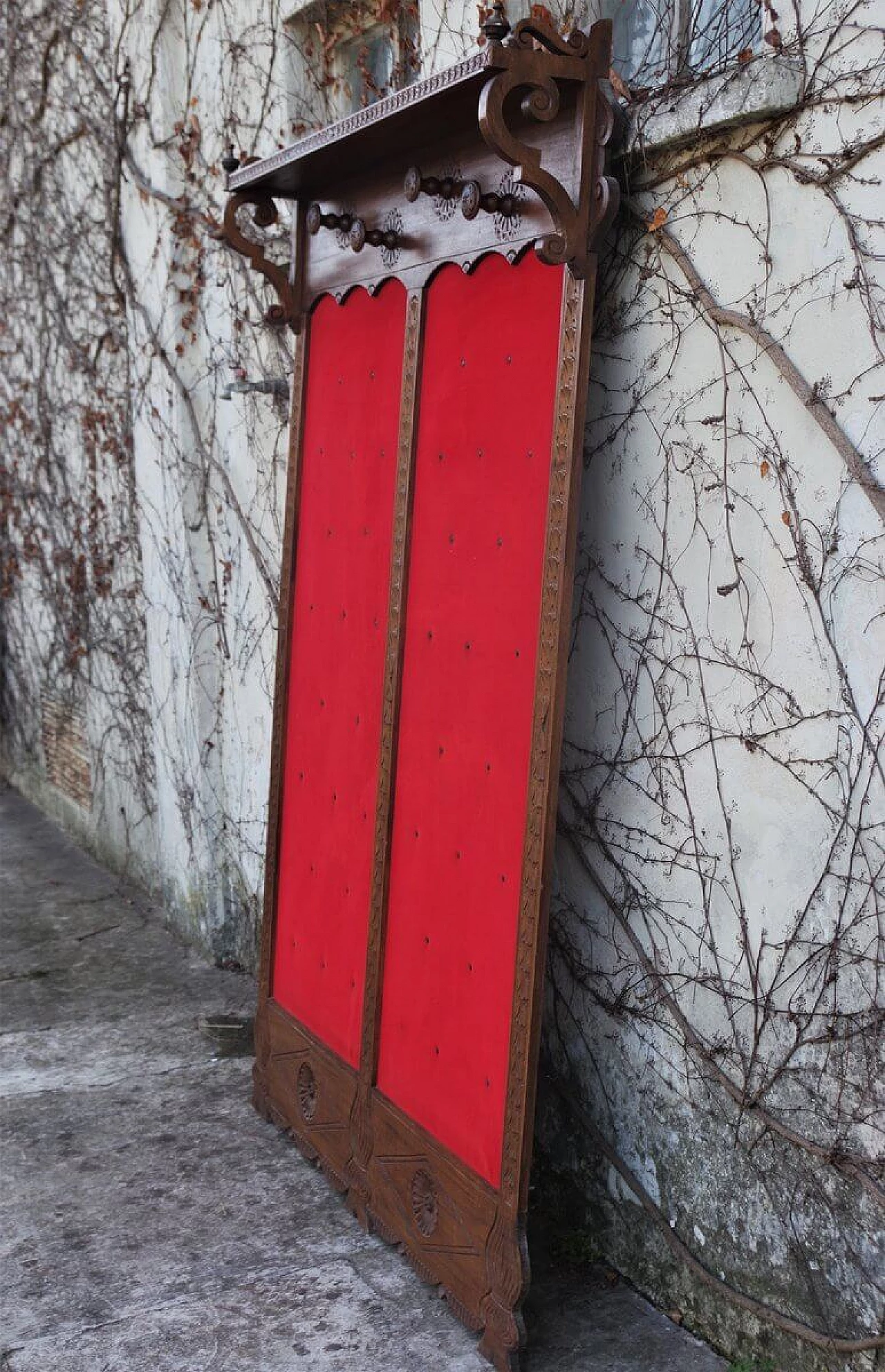 Wall-mounted coat rack in wood and red velvet, 1950s 1379926