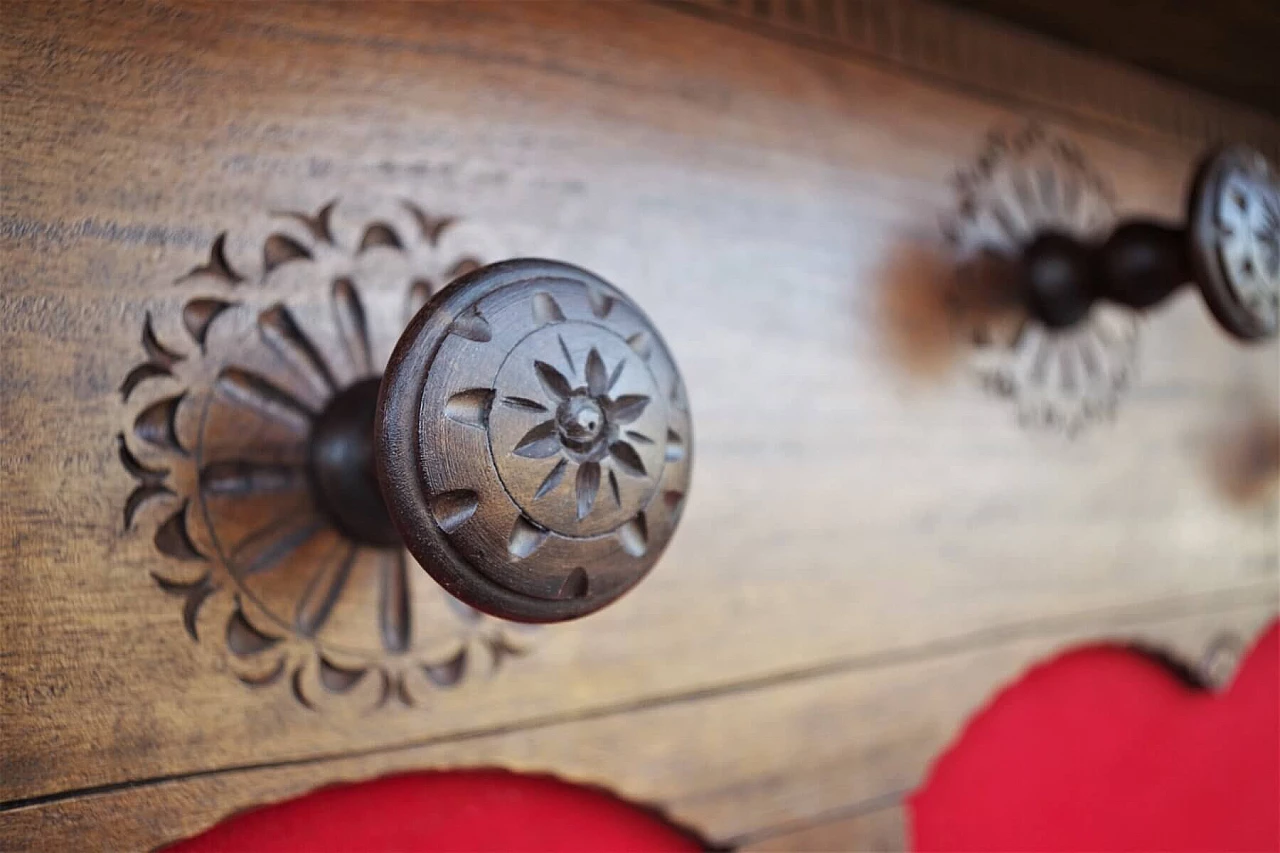 Wall-mounted coat rack in wood and red velvet, 1950s 1379930