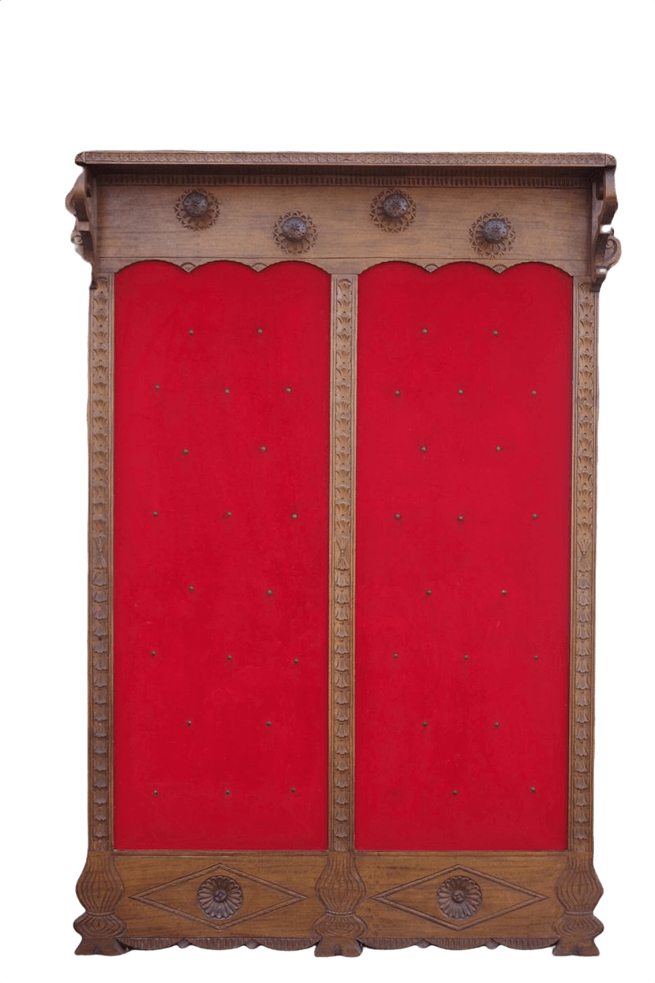 Wall-mounted coat rack in wood and red velvet, 1950s 1379931