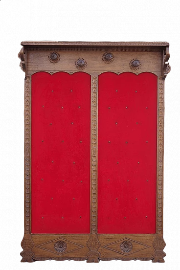 Wall-mounted coat rack in wood and red velvet, 1950s