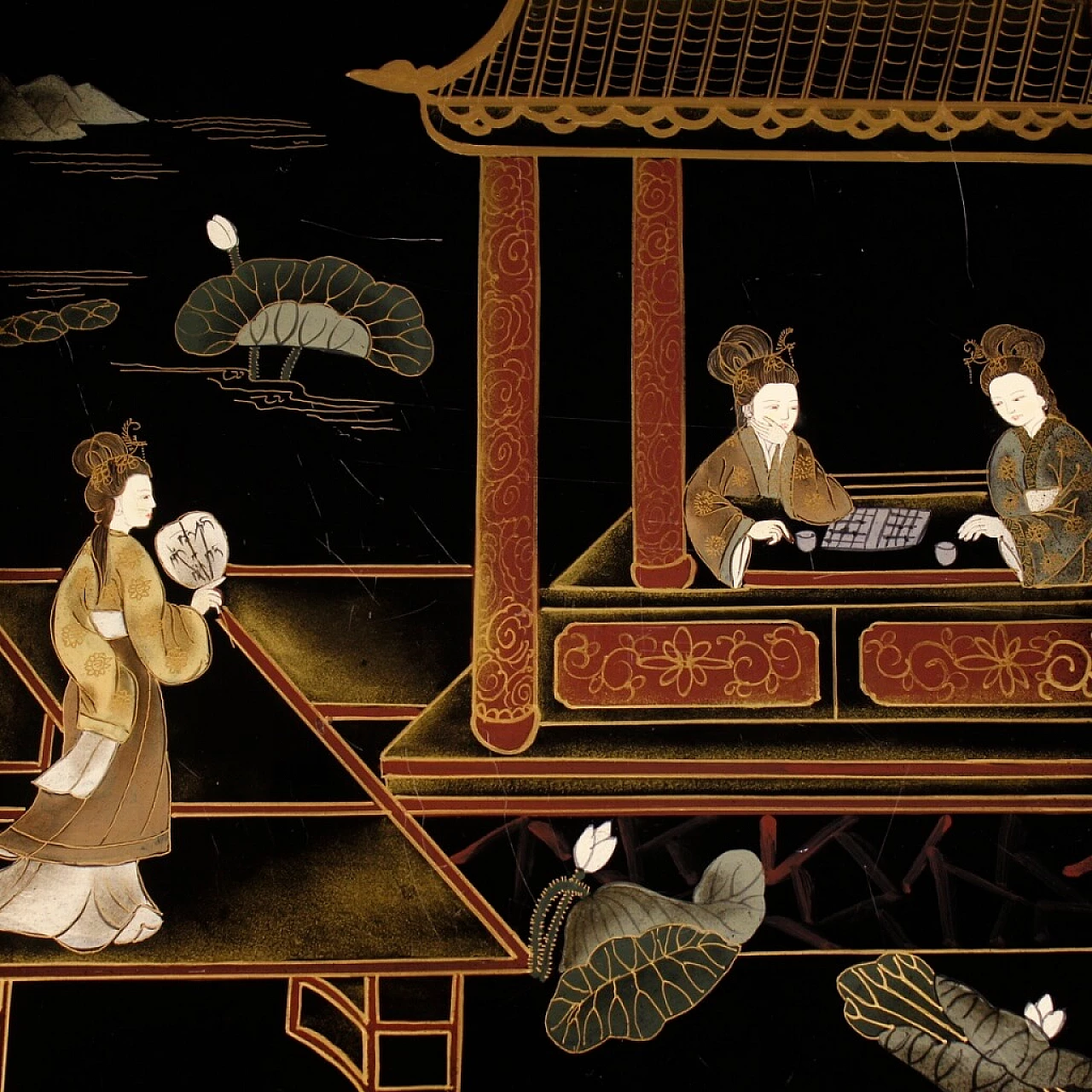 French coffee table in lacquered, painted and gilded wood with chinoiserie decorations 1379947