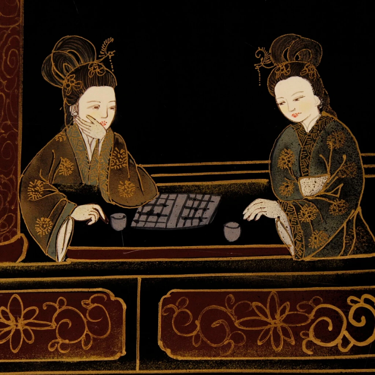 French coffee table in lacquered, painted and gilded wood with chinoiserie decorations 1379955