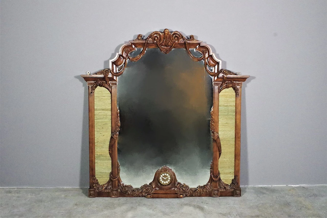 Wooden mirror with clock, 1960s 1380013