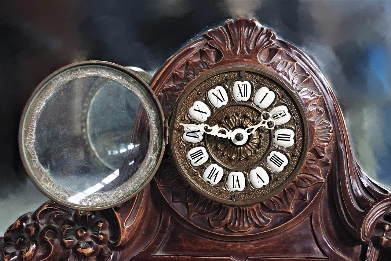 Wooden mirror with clock, 1960s 1380024