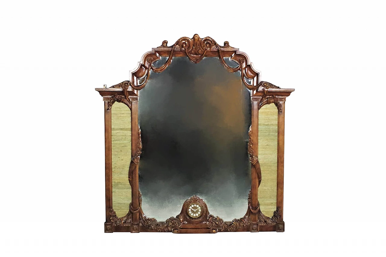 Wooden mirror with clock, 1960s 1380066