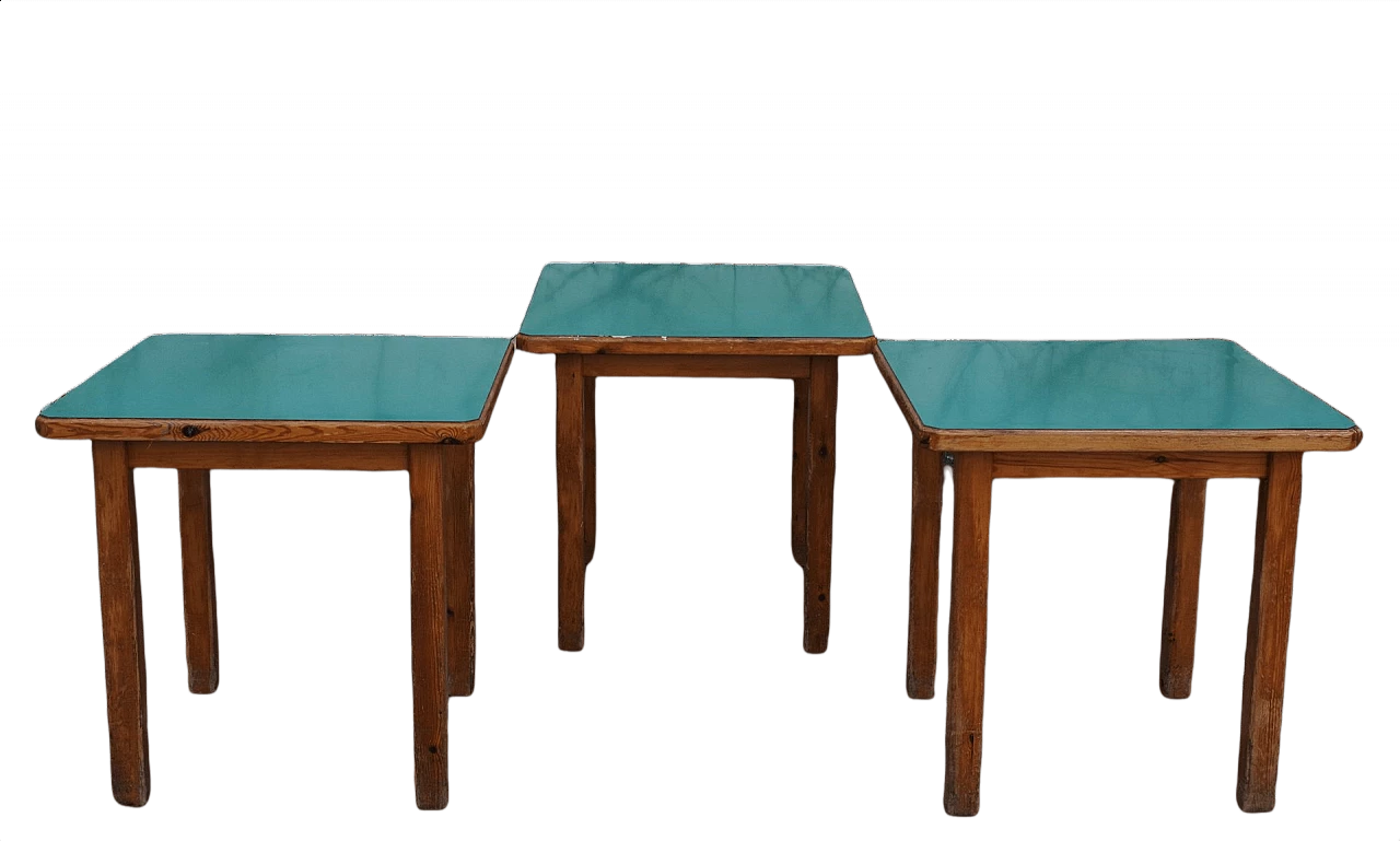 3 tavoli da gioco in legno con piano in laminato verde, anni '50 1380163