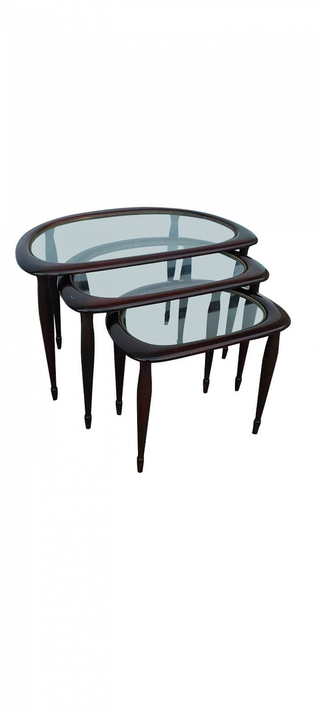 Small nesting tables in wood with glass top, 1950s 1380196