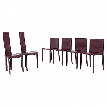 6 burgundy leather table chairs with visible stitching for Cattelan Italia, 1980s