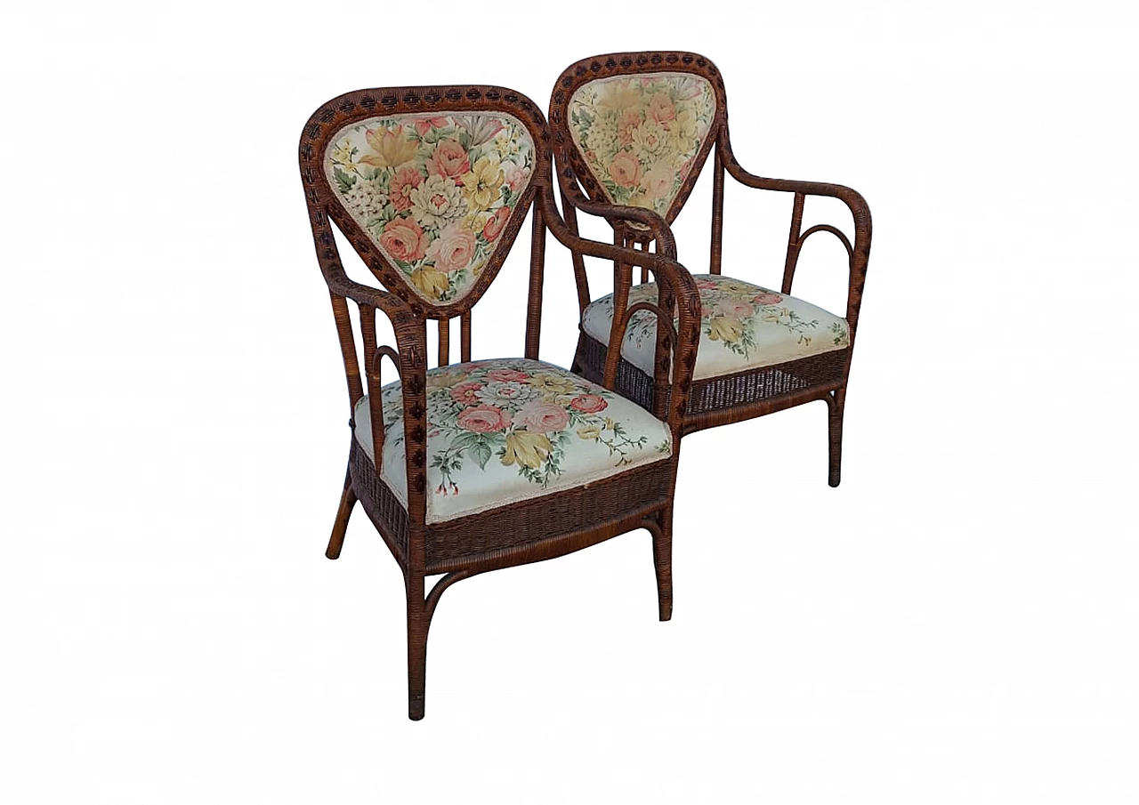 Pair of wicker and fabric armchairs by Magazzini Marchesini, 1950s 1381244